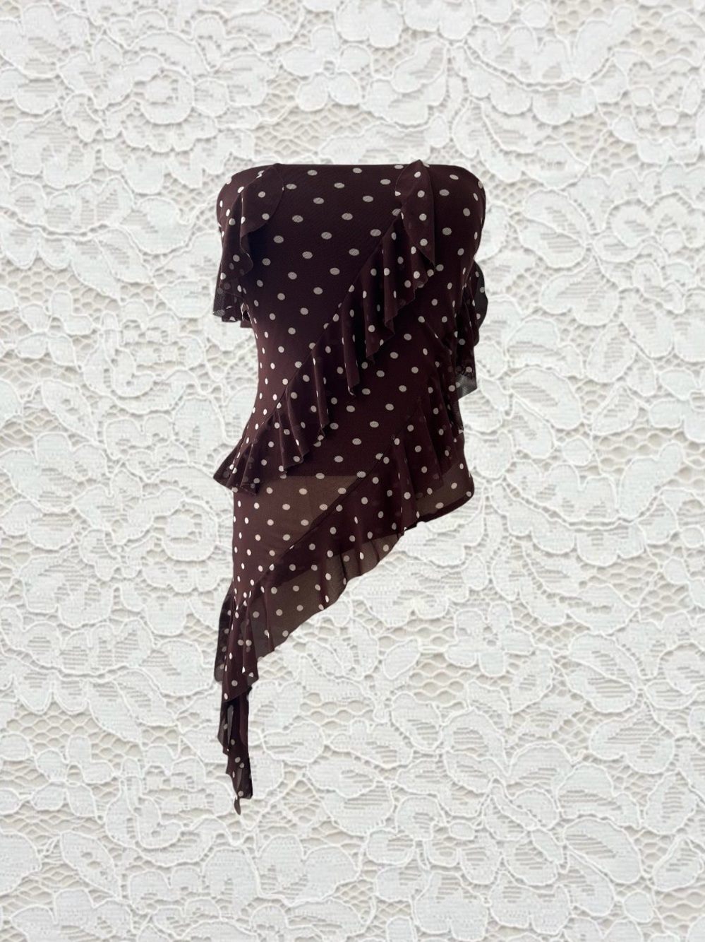 brown polka dot ruffle asymmetrical strapless tube top